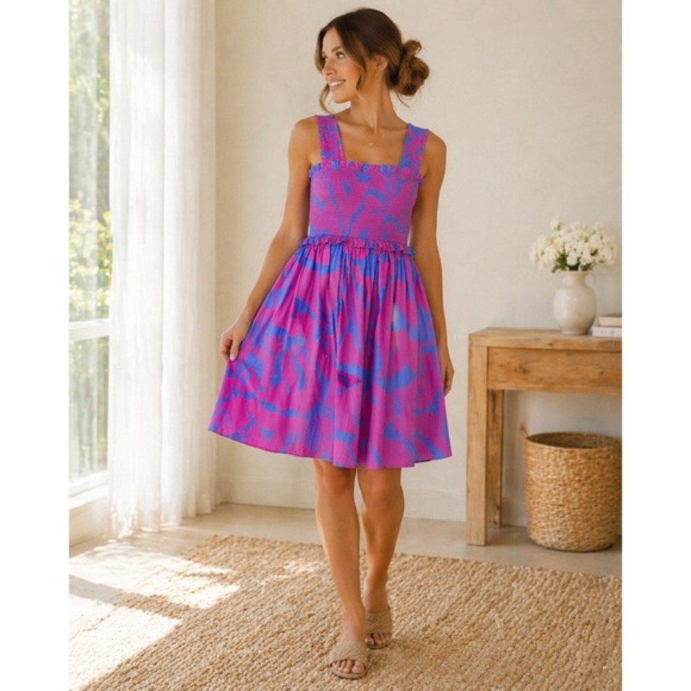 Peach Love California Pink Blue Tropical Smocked Ruffle Mini Dress ID39011-01 L